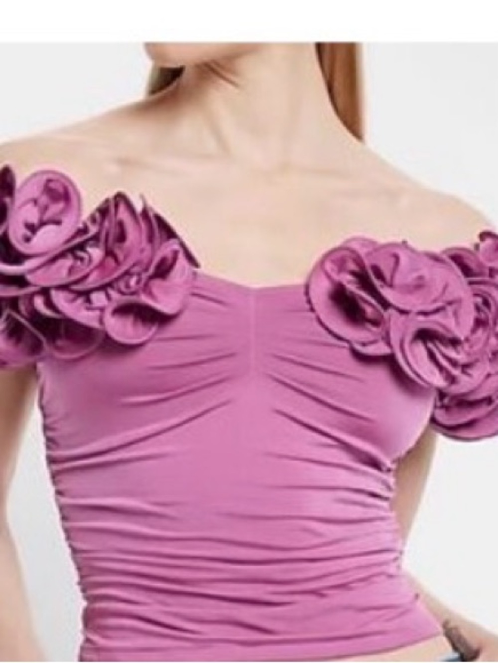 Express Off the Shoulder Rosette Body Contour Top in Fuchsia/Purple